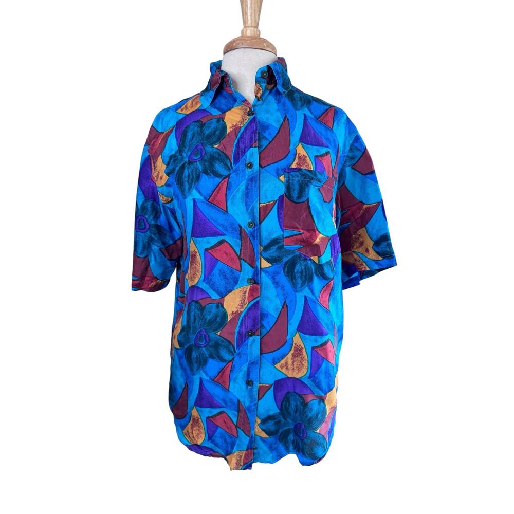 Vintage 80s Abstract Floral Colorful Silk Button Up Shirt Size Medium Womens